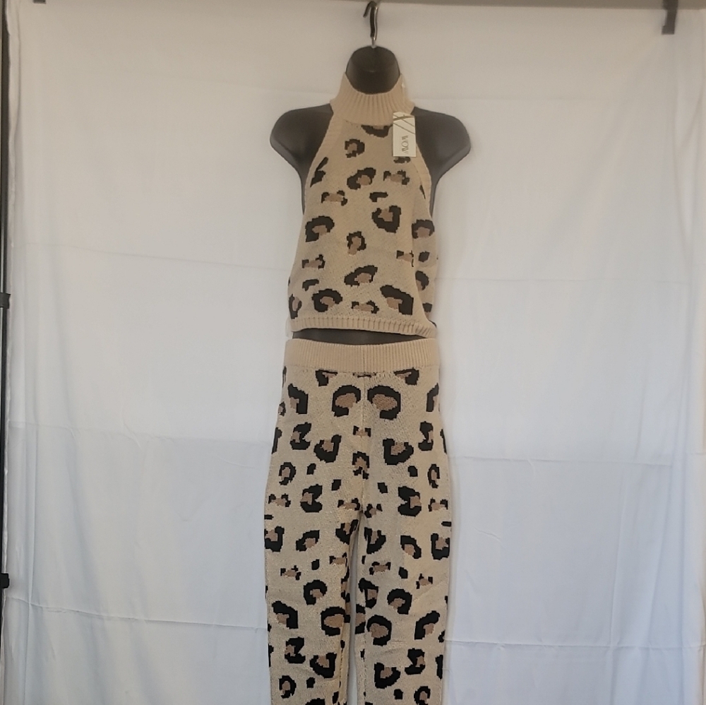Leopard Print Knit Halter Top and Pants Set